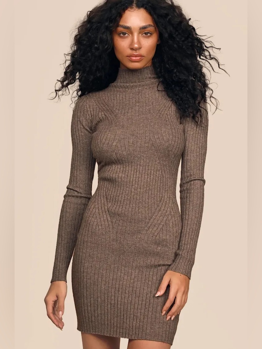 Lulus Snug As Can Be Heather Taupe Ribbed Mock Neck Sweater Dress size Medium